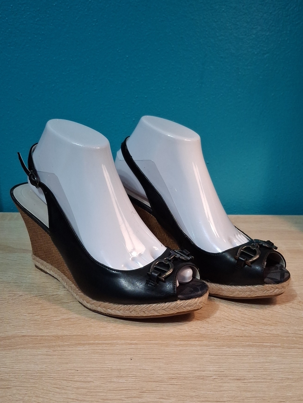 Etienne Aigner Olexa Black Peep-Toe Wedge Slingbacks